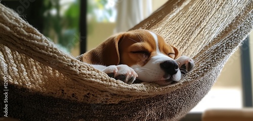 Indoors, a Beagle pup naps in a gently moving hammock.