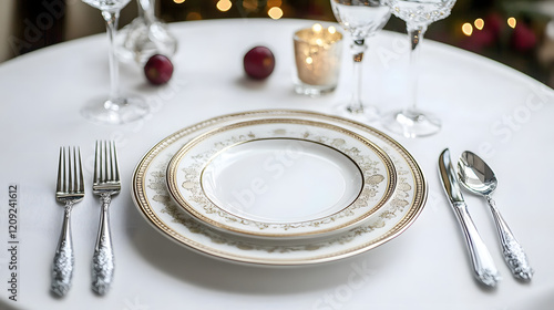 Wallpaper Mural Elegant dining setting with plate and silverware on white table. Torontodigital.ca