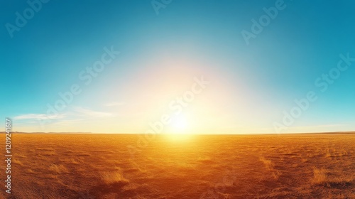 Fototapeta Naklejka Na Ścianę i Meble -  29.An expansive view of a clear summer sky with the sun radiating fierce golden rays, the horizon distorted by waves of heat rising from a barren ground, representing global warming.