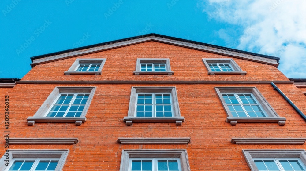 Fototapeta premium Vibrant Red Brick Building with Architectural Windows and Blue Sky