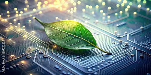 A Vibrant Green Leaf Resting on a Complex Circuit Board, Symbolizing Sustainable Technological Advancement and Environmental Responsibility