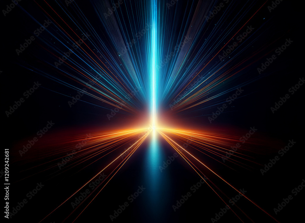 Fototapeta premium A vibrant beam of light, blue and orange, explodes from a central point, radiating outwards into a dark, starlit expanse. The effect is one of intense speed and cosmic energy.