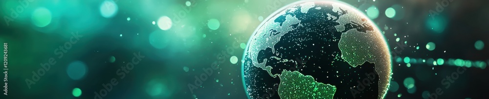 Obraz premium Green globe with floating symbols of eco-friendly design and renewable innovation