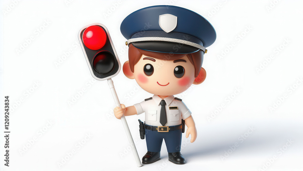 Traffic safety officer guiding pedestrians urban setting cartoon character playful environment Traffic safety officer guiding pedestrians urban setting cartoon character playful environment