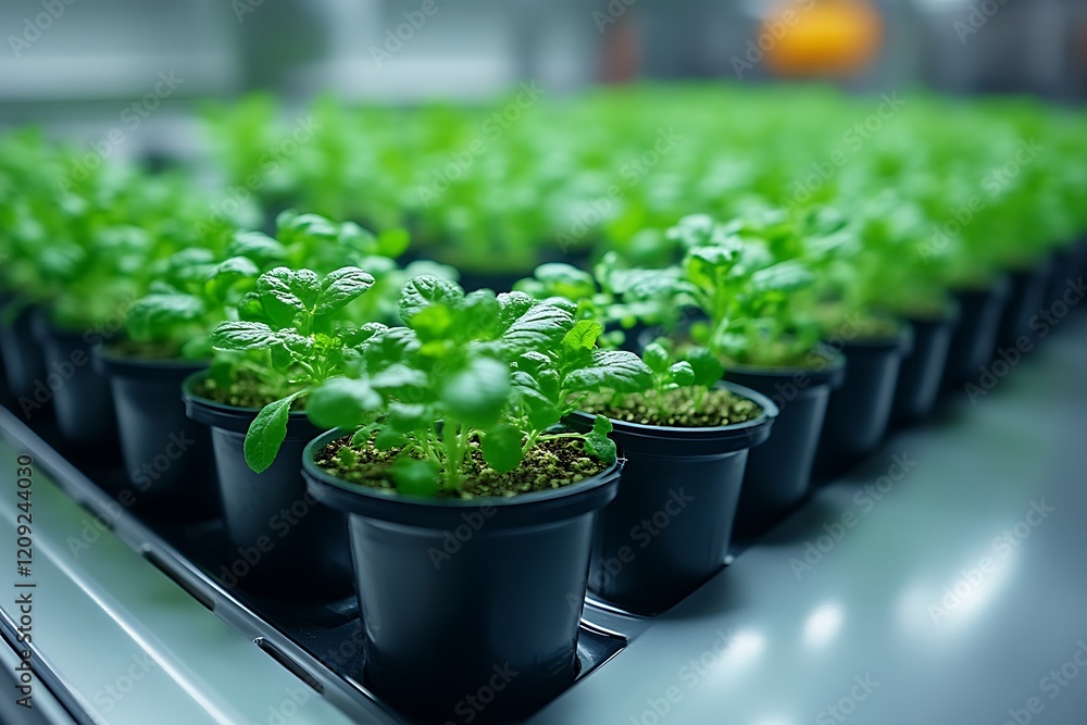 Rows of young plants in black pots under grow lights in a lab. Rows of young plants in black pots under grow lights in a lab.