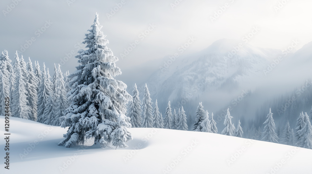 snow covered fir tree stands against backdrop of mountains in tranquil winter landscape, with shades of white and gray creating serene scene snow covered fir tree stands against backdrop of mountains in tranquil winter landscape, with shades of white and gray creating serene scene