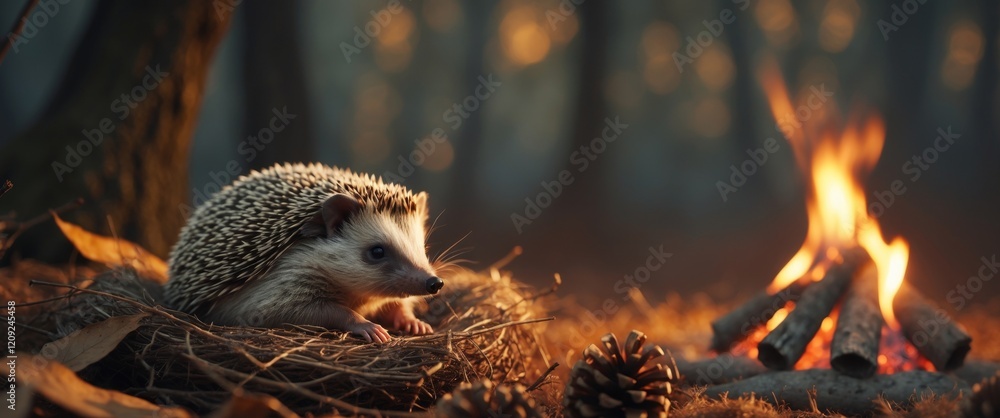 Hedgehog Curled in Cozy Nest Near Campfire. Hedgehog Curled in Cozy Nest Near Campfire.
