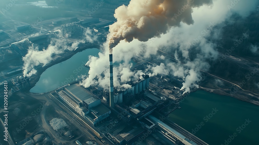 Fototapeta premium Aerial View of Industrial Pollution: A Factory's Impact on the Environment