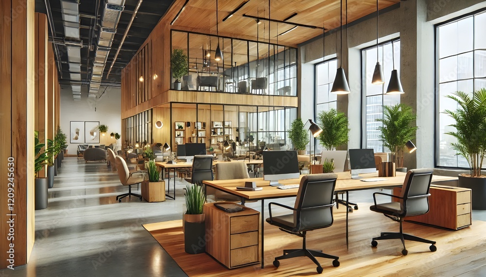 Modern coworking office with wooden furniture and large windows in minimalist interior design concept. 3D Rendering Modern coworking office with wooden furniture and large windows in minimalist interior design concept. 3D Rendering