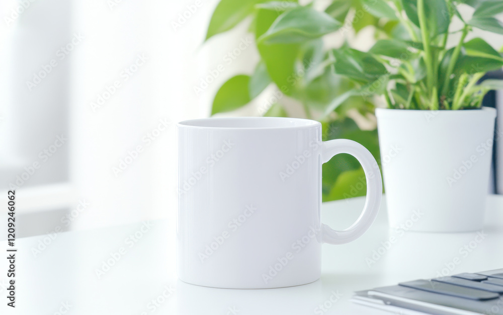 minimalist blank white mug on clean desk with green plant in background creates serene workspace atmosphere minimalist blank white mug on clean desk with green plant in background creates serene workspace atmosphere