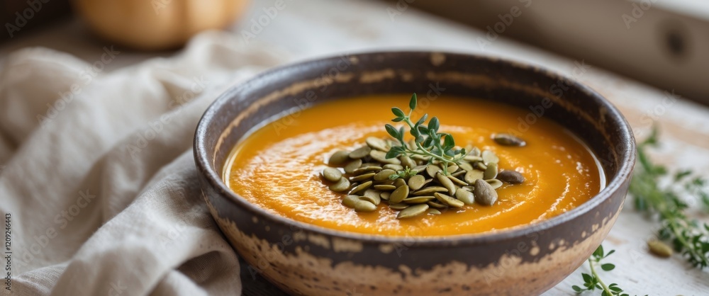 Hearty butternut squash soup in rustic brown bowl with pumpkin seeds and thyme garnish Hearty butternut squash soup in rustic brown bowl with pumpkin seeds and thyme garnish