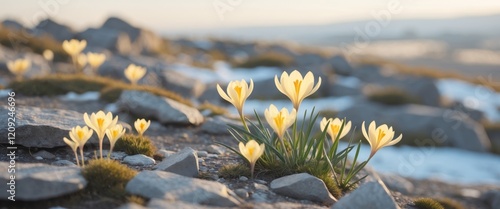 Vibrant yellow crocuses bloom on a rocky outcrop as snow melts in the early spring landscape photo