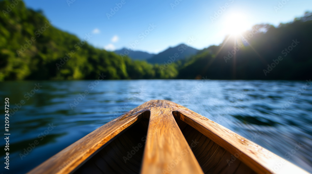 Peaceful wooden boat ride on a calm lake surrounded by lush green mountains during a sunny day, copy space Peaceful wooden boat ride on a calm lake surrounded by lush green mountains during a sunny day, copy space