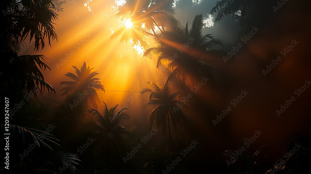 Fototapeta premium The soft morning light shines through the coconut leaves, creating a calm and peaceful atmosphere in the middle of the forest