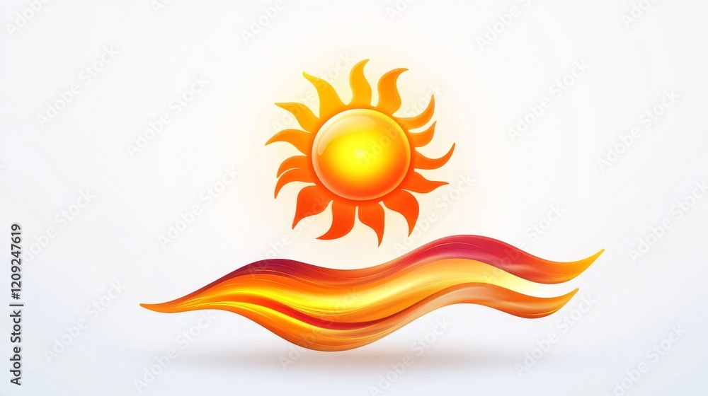 98.A bold vector design of a high-temperature icon, combining a glowing sun with wavy heat lines and a sleek, polished finish on a neutral white background.