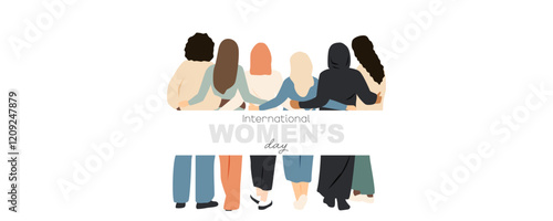 International women's day banner. Different women stand side by side together and hug each other.