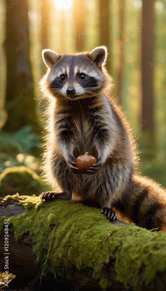 Fototapeta premium Close-up of a cute raccoon with an acorn, set in a tranquil forest scene with golden sunlight and lush green moss, perfect for nature and wildlife enthusiasts