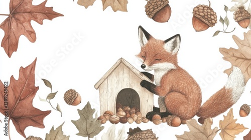 Adorable Autumn Fox near its Cozy House with Acrons and Maple Leaves photo