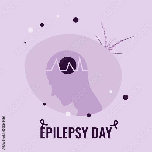 Illustration on the topic of supporting people with epilepsy.  Human silhouette, electrical impulses in the human brain, purple ribbons, a sprig of lavender. Vector eps 10.