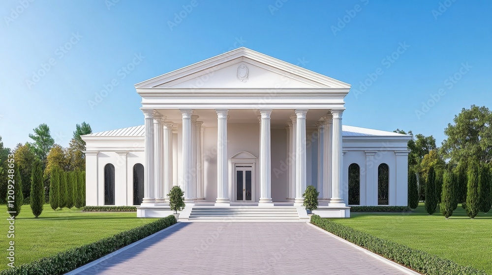 Obraz premium Elegant White Classical Building with Columns and Green Lawn