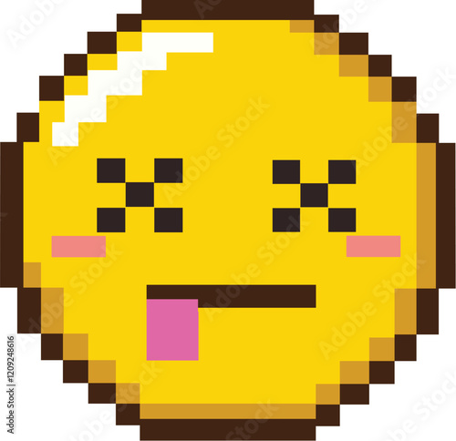 8-bit Pixel Art Emoji Emoticon Featuring an X Eyes Expression with a Tongue Sticking Out, Conveying a Dead or Exhausted Vibe