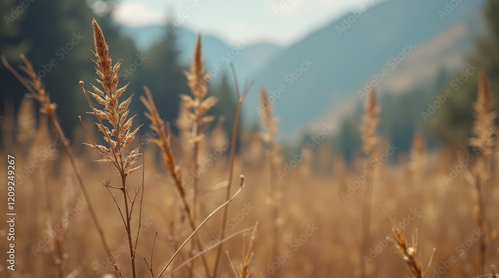 Fototapeta premium Golden field of tall grass with distant mountains in soft focus under clear skies