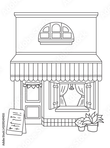 Detailed house illustration in black and white, designed for coloring books. Great for art enthusiasts and kids seeking fun, creative coloring experiences.