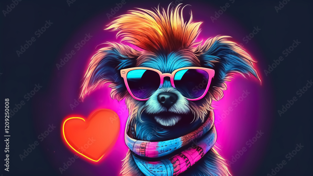 Fototapeta premium A vibrant, digitally illustrated dog with colorful fur, wearing pink sunglasses and a patterned scarf, set against a neon background with a glowing heart. Perfect for trendy, modern designs.