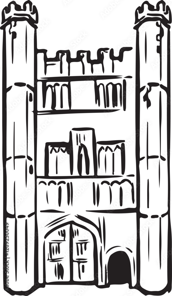 Obraz premium Trinity College facade , Cambridge, England black and white ink sketch. Iconic historic landmark, classical architecture. Perfect for tourism, travel, and cultural heritage projects.