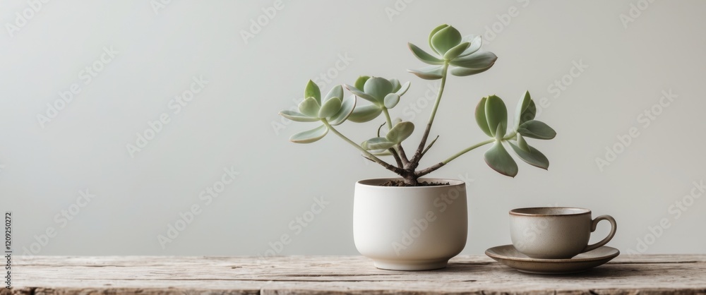 Serene still life with succulent and tea cup on wooden table. Serene still life with succulent and tea cup on wooden table.