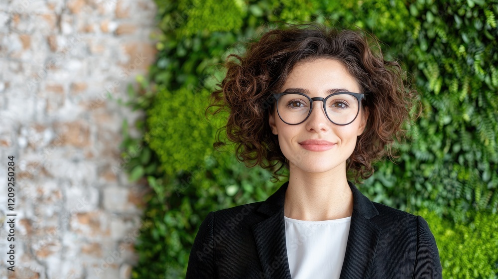 Smiling businesswoman, green wall, office, portrait. Use website, profile Smiling businesswoman, green wall, office, portrait. Use website, profile