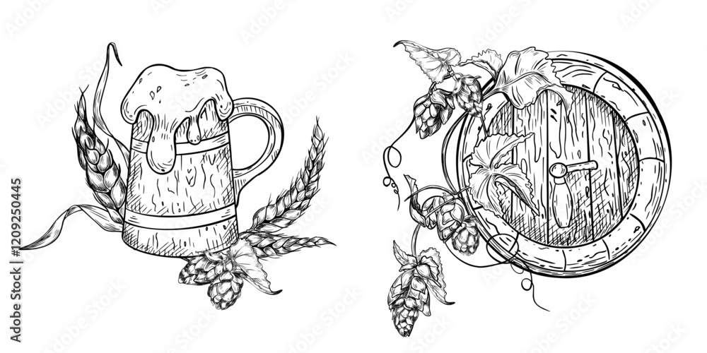 Set of beer objects: wooden beer mug and barrel, wheat ears and hops on vine black white vector illustrations isolated. Tankard with foam beer and plants hand drawn for label, packaging, craft brewery Set of beer objects: wooden beer mug and barrel, wheat ears and hops on vine black white vector illustrations isolated. Tankard with foam beer and plants hand drawn for label, packaging, craft brewery