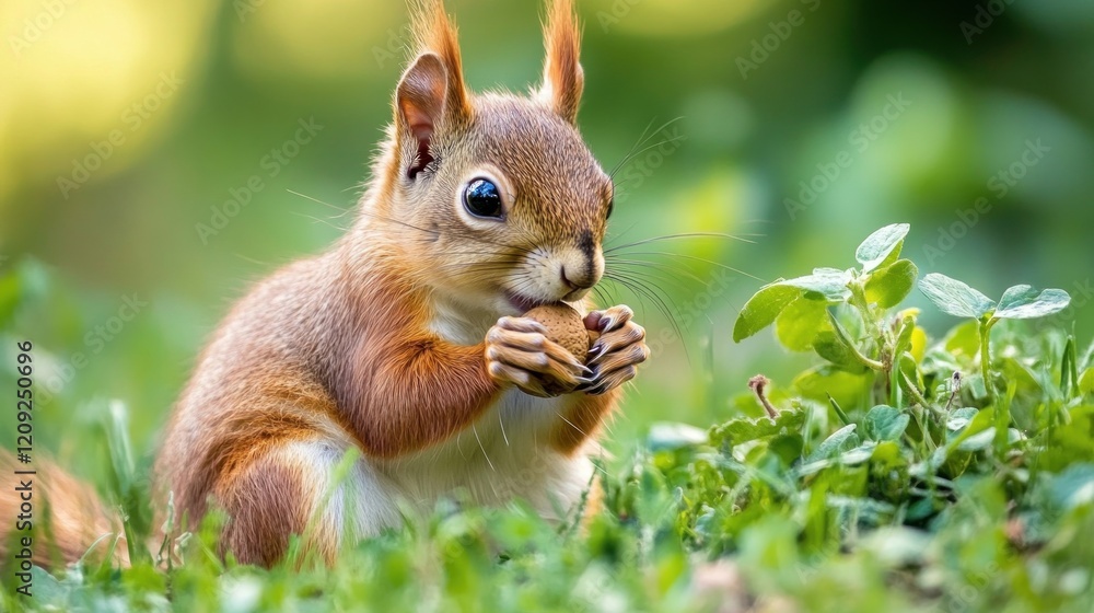 Squirrel Enjoying a Nut in Lush Green Grass