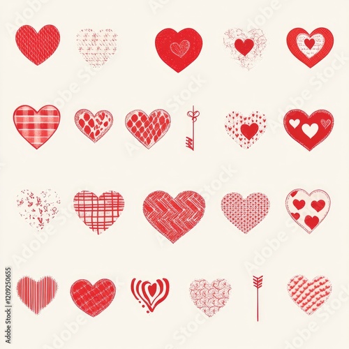 Red heart icons with unique patterns, shapes, and romantic symbols including arrows and ribbons, isolated on a pastel background. Ideal for Valentine's Day and love-themed graphic projects.