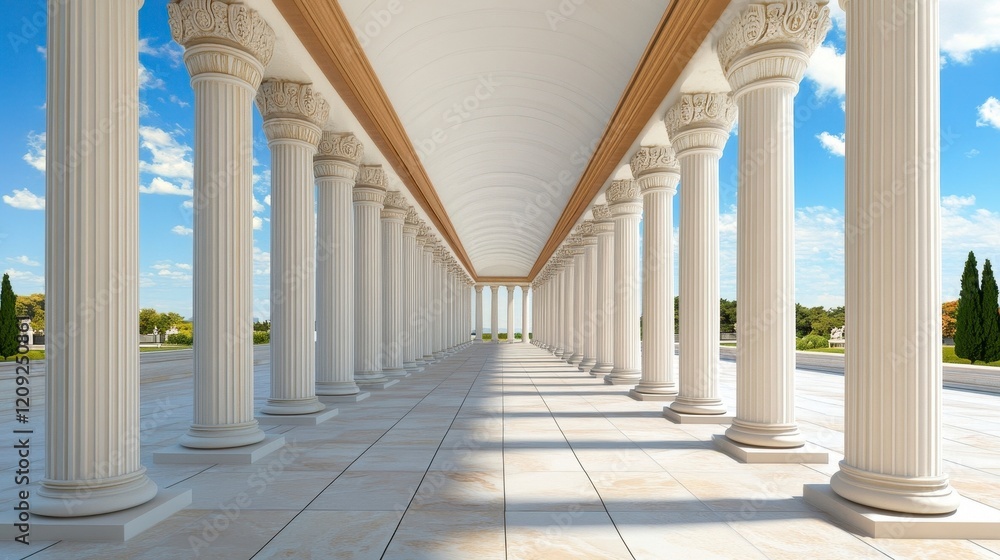 Obraz premium Majestic Ancient Columns Under Blue Sky with Fluffy Clouds