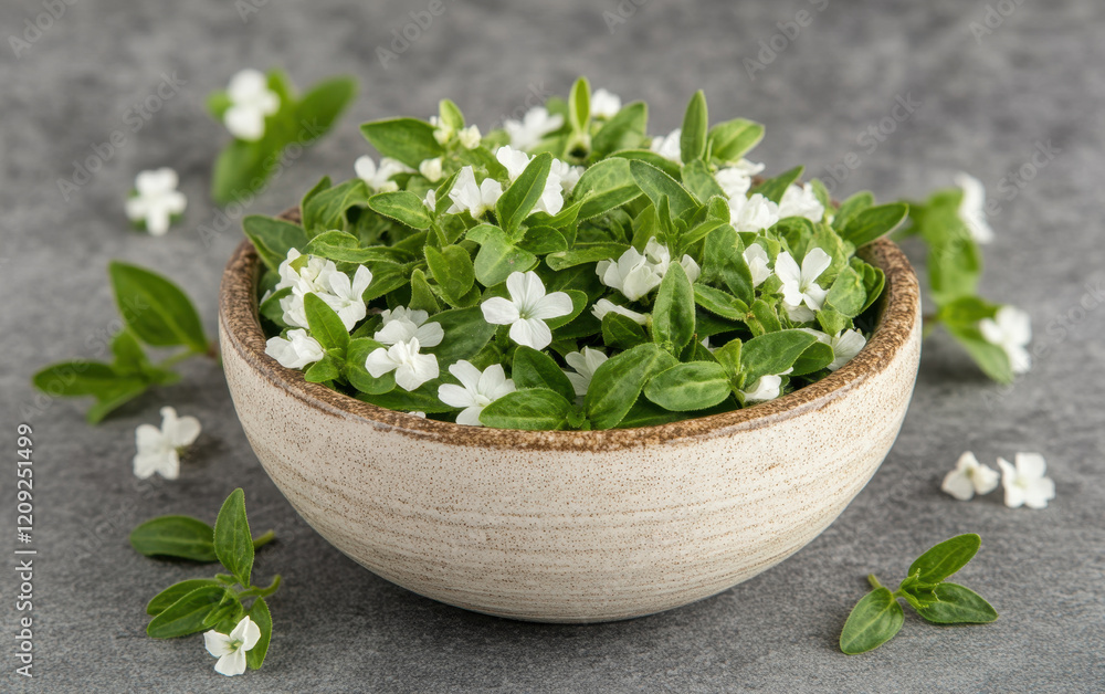 Fresh stevia leaves in ceramic bowl, surrounded by small white flowers, create vibrant and natural display. This arrangement highlights beauty of herbal ingredients Fresh stevia leaves in ceramic bowl, surrounded by small white flowers, create vibrant and natural display. This arrangement highlights beauty of herbal ingredients