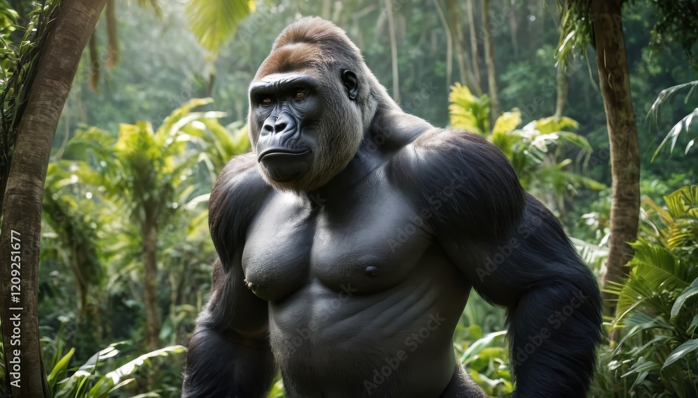 Close-up of a silverback gorilla with an intense expression, blending seamlessly into the serene, green wilderness of its jungle home Close-up of a silverback gorilla with an intense expression, blending seamlessly into the serene, green wilderness of its jungle home