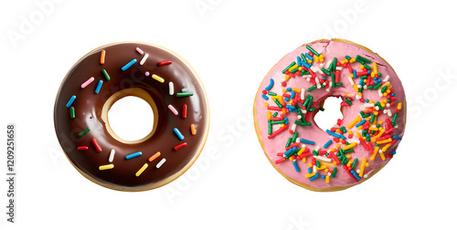 Chocolate and strawberry donut decorated with colorful sprinkles isolated on transparent background top view
