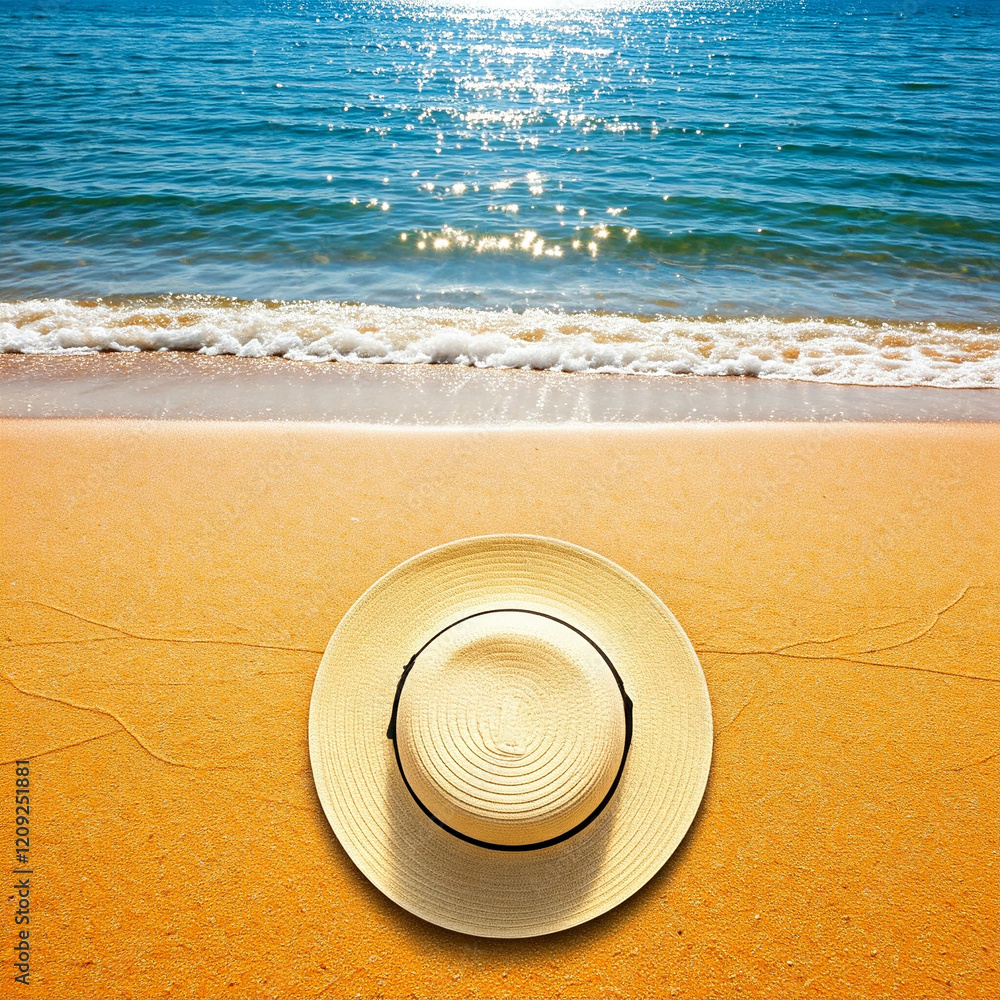straw hat on the beach. Photo of straw hat lying on the sand. It lies on the side. View from above. Summer rest concept on the beach. space for text. straw hat on the beach. Photo of straw hat lying on the sand. It lies on the side. View from above. Summer rest concept on the beach. space for text.