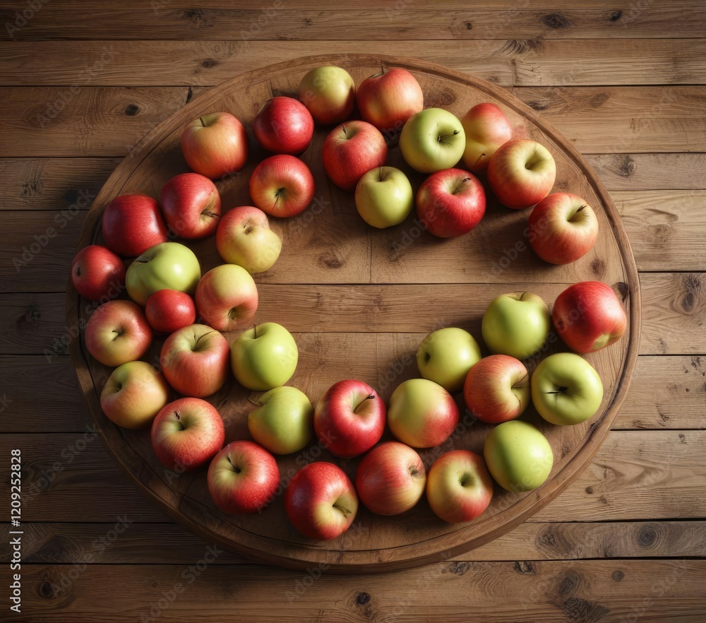 Apples lying in a circular pattern on a reclaimed wooden table , tabletop, fruit Apples lying in a circular pattern on a reclaimed wooden table , tabletop, fruit