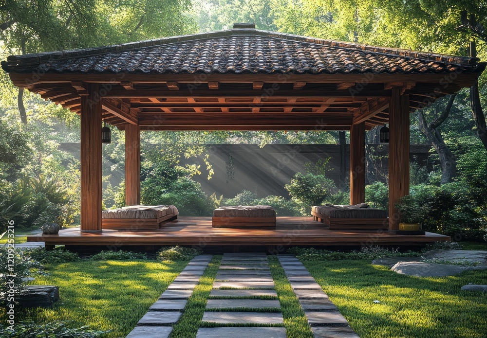 Naklejka premium Wooden Pavilion Stage in Garden Surrounded by Greenery with Fairy Lights for Festive Celebration