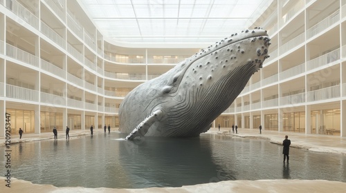Fototapeta Naklejka Na Ścianę i Meble -  Giant sculptural whale installation in a modern architectural space showcasing artistic creativity and innovative design with onlookers admiring its grandeur and beauty