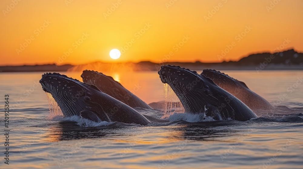 Fototapeta premium Group of Humpback Whales Breaching at Sunrise, Captivating Moment Showcasing the Majesty of Marine Life Against a Stunning Golden Horizon