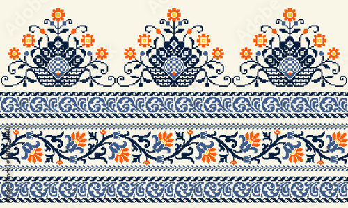 Blossom Floral traditional cross-stitch Embroidery pixel Geometric ethnic pattern. Romanian, Ukrainian, Slavic ornament style.Detailed Vector for border, neckline embroidery, neckline design, textile.