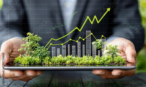 Businessman holding tablet showing growth graph with cityscape and plants