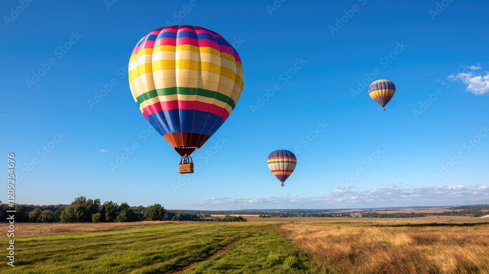 Obraz premium Hot air balloons soar over a tranquil landscape. Ideal for travel brochures