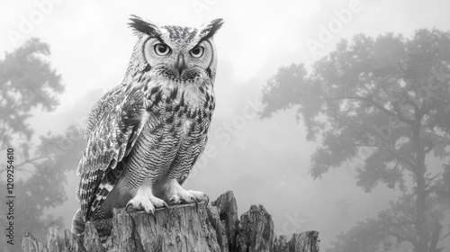 Majestic great horned owl perched on a tree stump in a foggy forest. photo