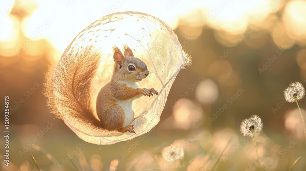 Obraz premium A whimsical sunset scene featuring a fluffy squirrel nestled inside a translucent dandelion seed head, surrounded by a field of blooming dandelions bathed in the golden light of the setting sun.