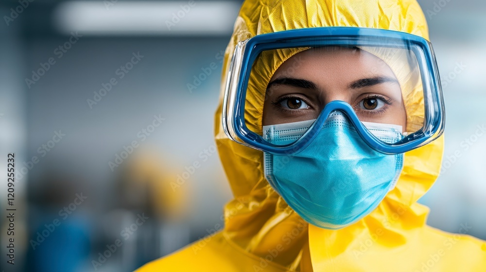 Close-up of a healthcare worker in protective gear, emphasizing safety in a clinical environment Close-up of a healthcare worker in protective gear, emphasizing safety in a clinical environment