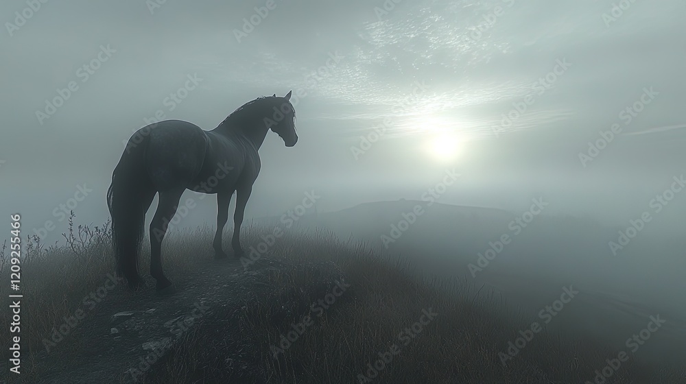 Fototapeta premium A lonely horse standing on a foggy hill, looking towards the distant horizon, its posture heavy with sadness